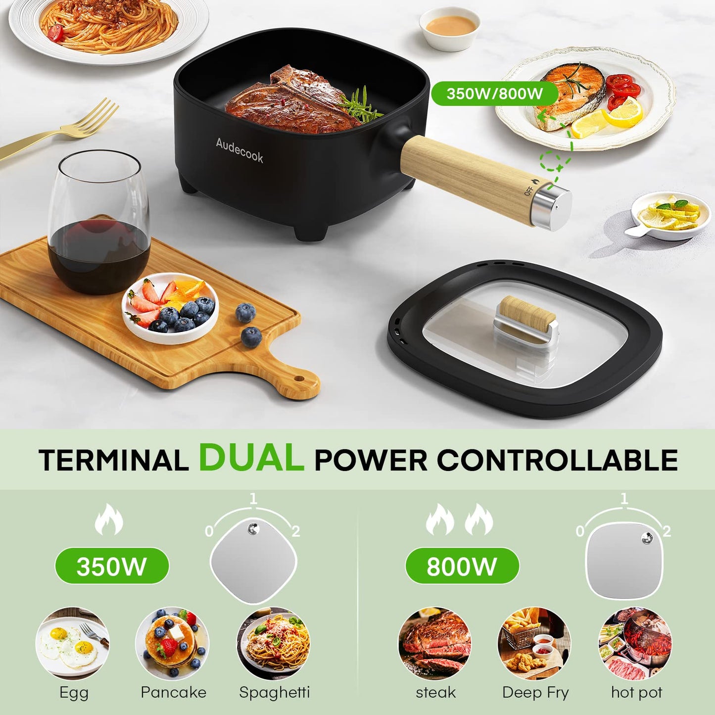 Audecook Hot Pot Eléctrico con Vaporera – 2L, 20 cm, Antiadherente con Cerámica, Multicooker Portátil para Ramen, Steak, Huevos, Avena y Sopa | 350W/800W, Negro