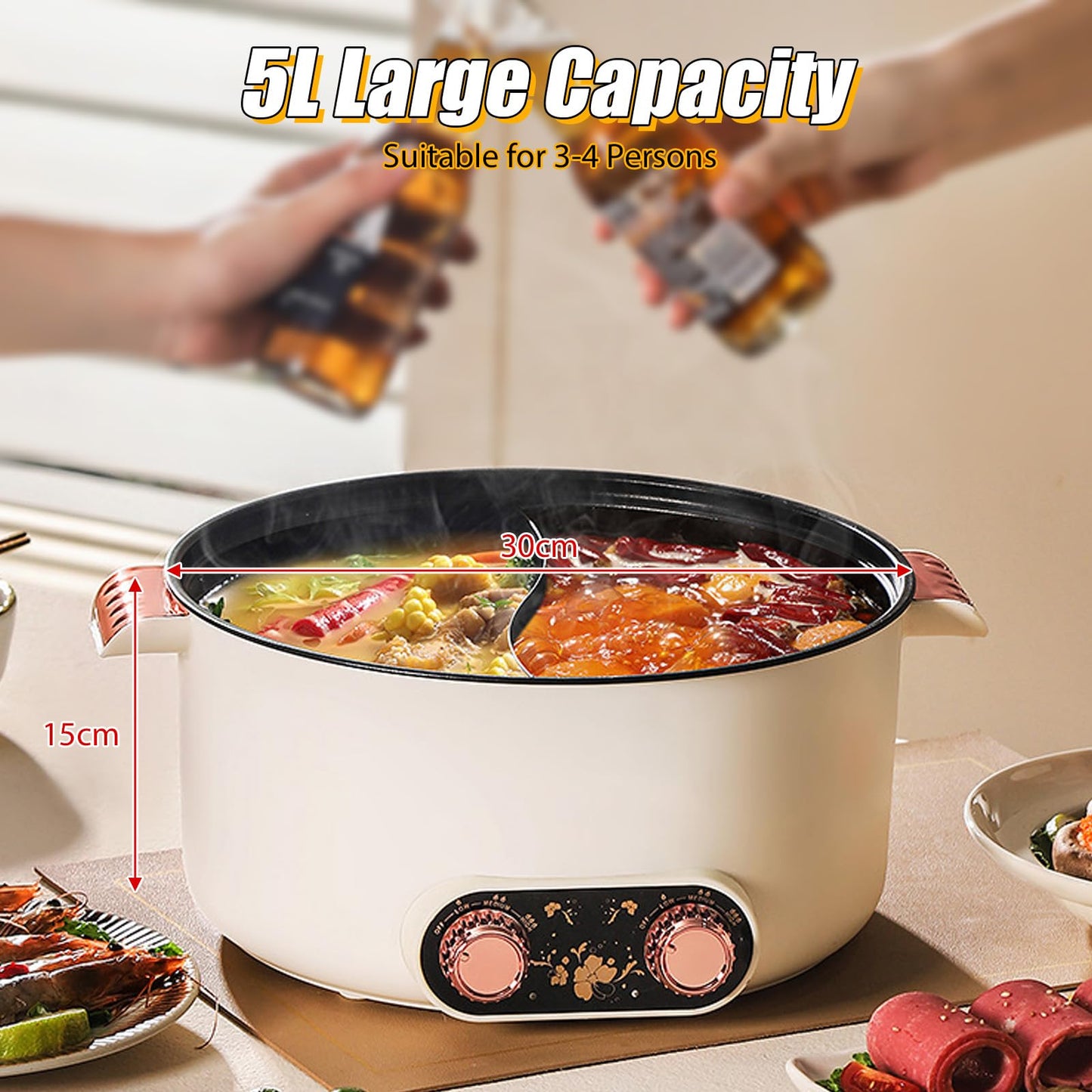 Olla Eléctrica Hot Pot – 5 L, 1350 W, 3 Niveles de Temperatura, Recubrimiento Antiadherente
