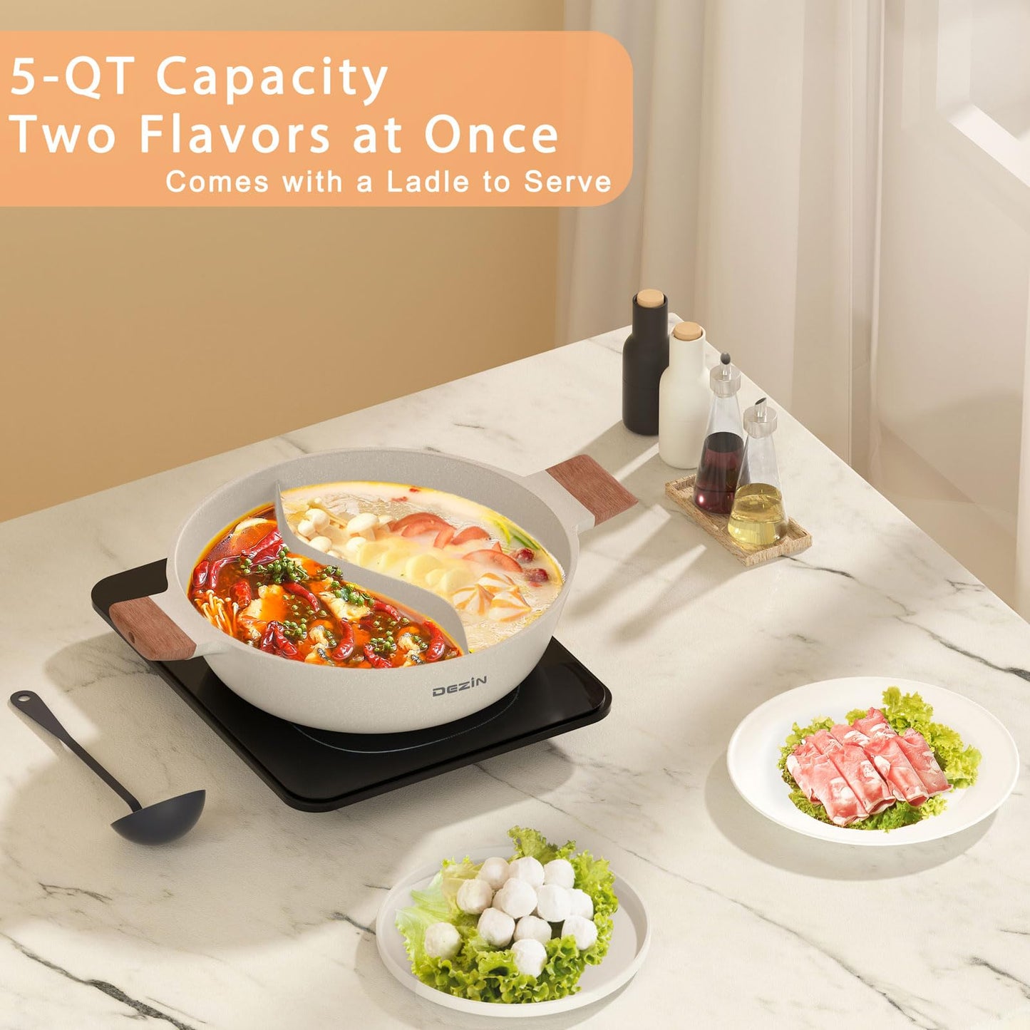 DEZIN Olla Shabu 5 QT – Hot Pot de 12" con Doble Sabor y Separador, Antiadherente por Ambos Lados, Compatible con Inducción, Gas y Quemador | Con Cucharón