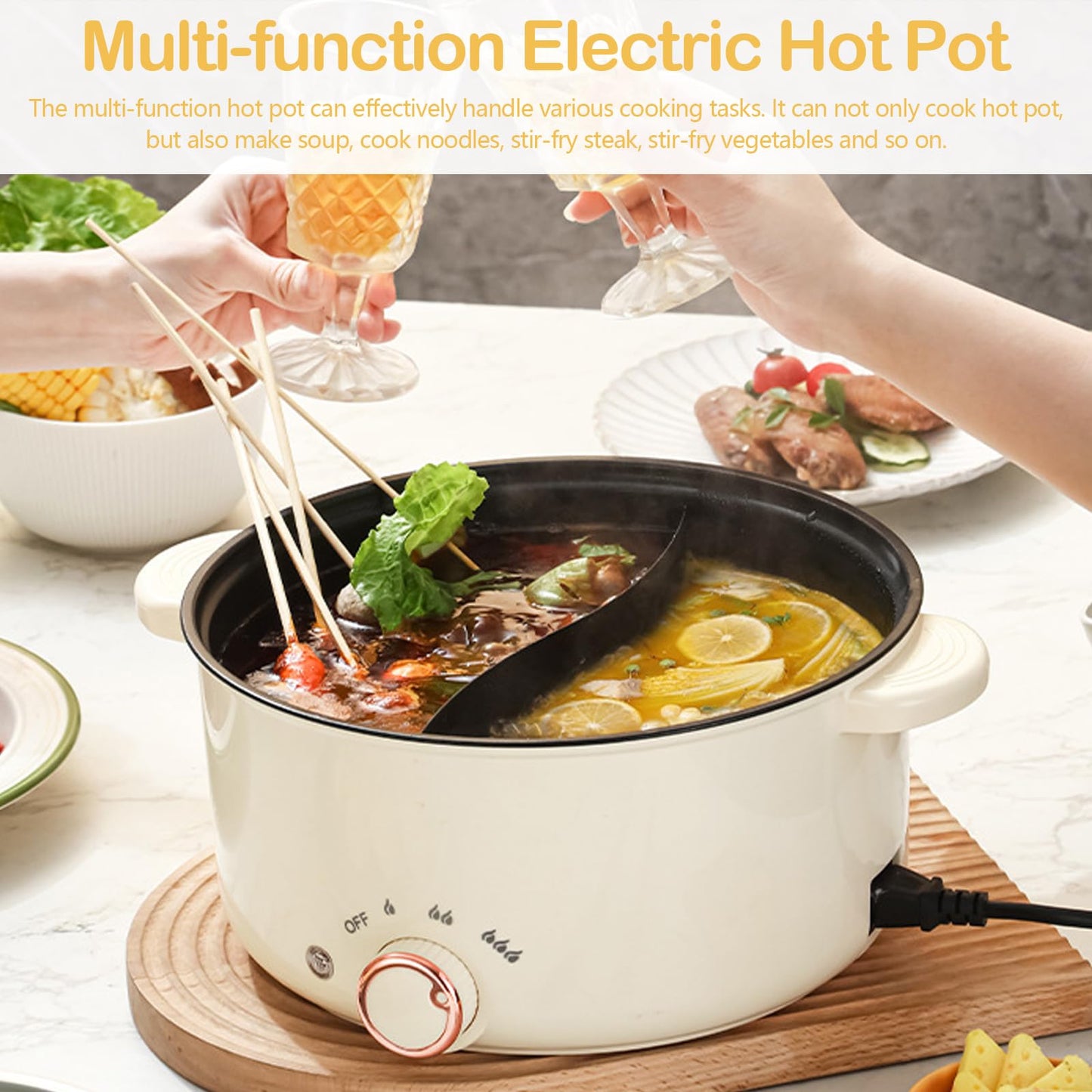 Hot Pot Eléctrico 4 L – Olla Multifuncional 1000 W con Diseño de Compartimentos, Antiadherente, 3 Niveles de Potencia para Cocinar Sopa, Fideos, Carne y Verduras