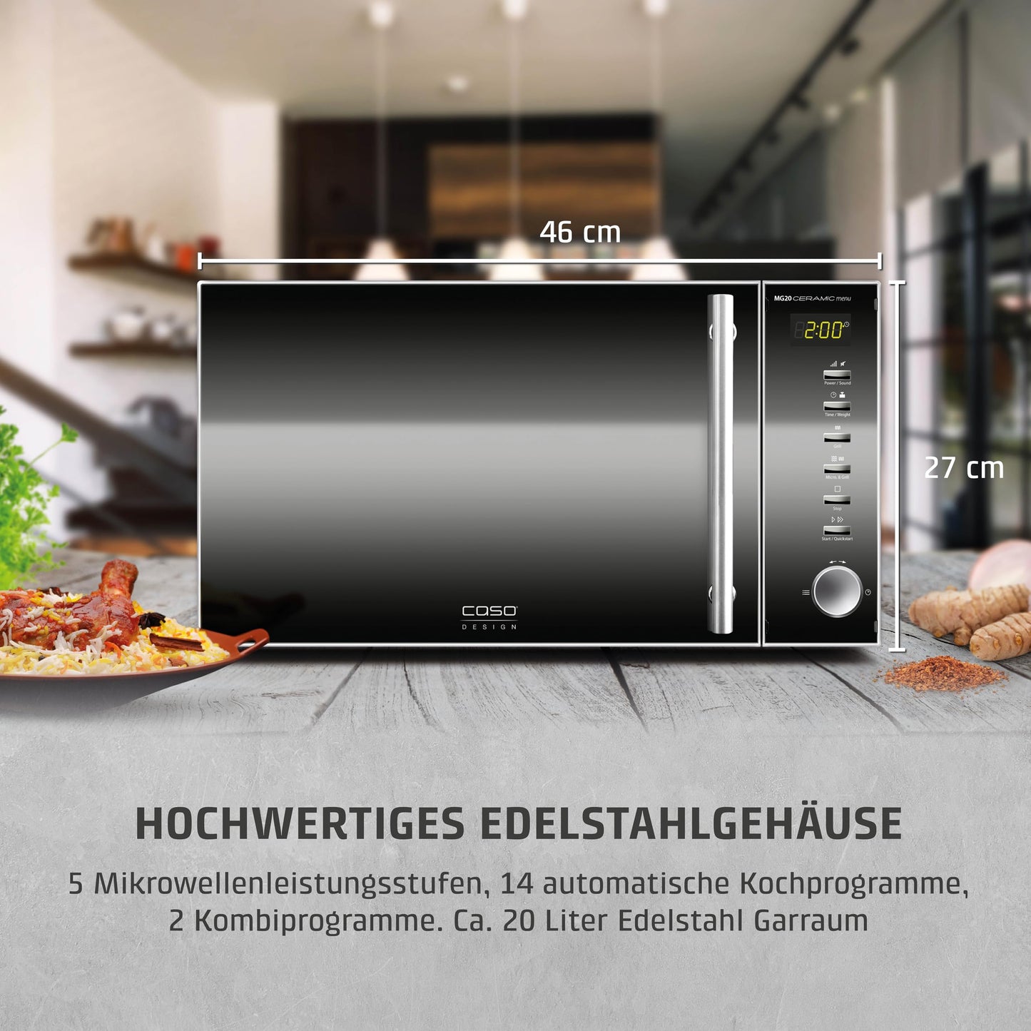 Horno Microondas 2 en 1 CASO MG20 con Función Grill – 20 L, 900 W, Acero Inoxidable, Base Cerámica