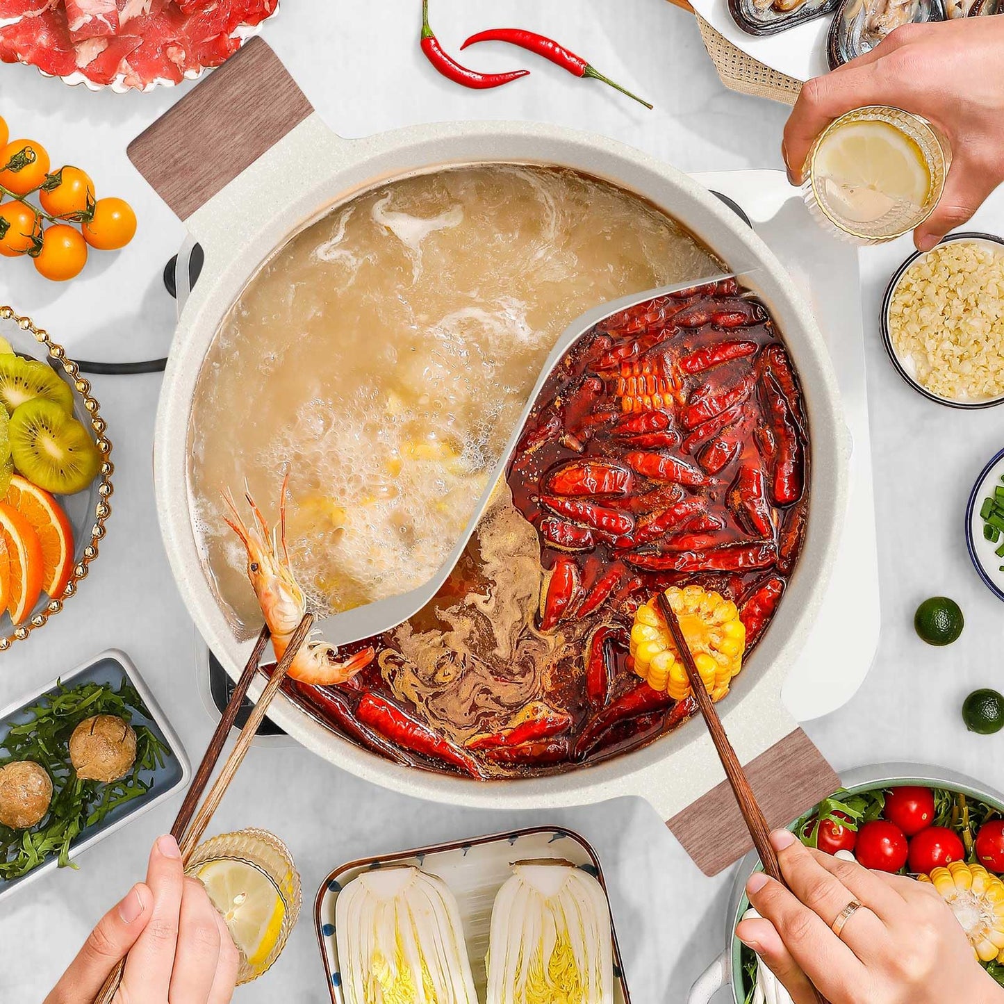 DEZIN Olla Shabu 5 QT – Hot Pot de 12" con Doble Sabor y Separador, Antiadherente por Ambos Lados, Compatible con Inducción, Gas y Quemador | Con Cucharón