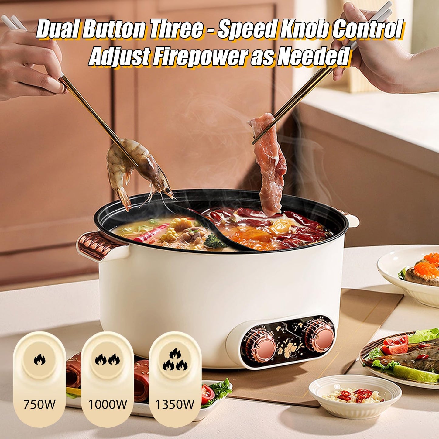 Olla Eléctrica Hot Pot – 5 L, 1350 W, 3 Niveles de Temperatura, Recubrimiento Antiadherente