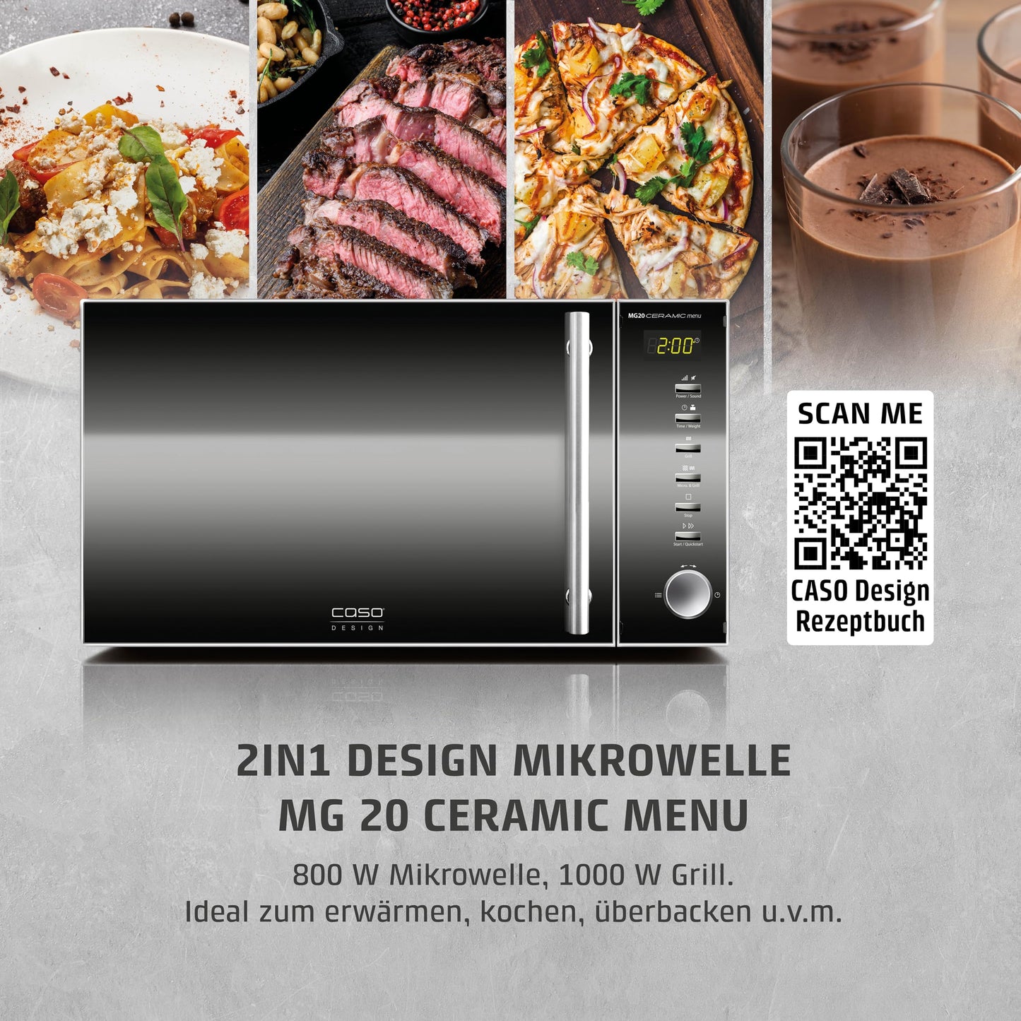 Horno Microondas 2 en 1 CASO MG20 con Función Grill – 20 L, 900 W, Acero Inoxidable, Base Cerámica