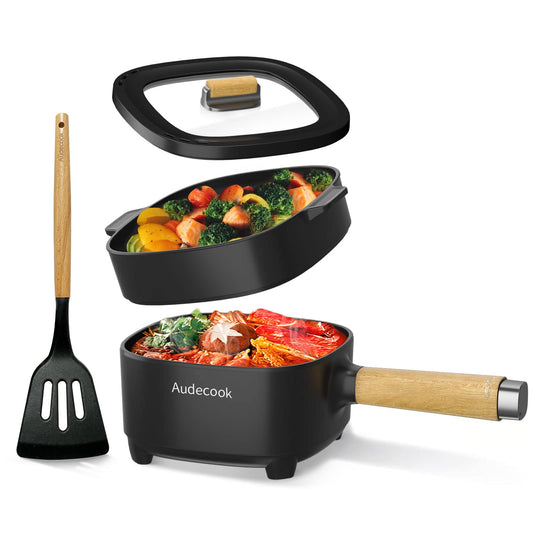 Audecook Hot Pot Eléctrico con Vaporera – 2L, 20 cm, Antiadherente con Cerámica, Multicooker Portátil para Ramen, Steak, Huevos, Avena y Sopa | 350W/800W, Negro