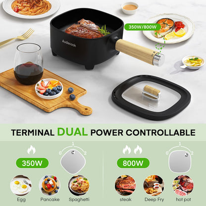 Audecook Hot Pot Eléctrico con Vaporera – 2L, 20 cm, Antiadherente con Cerámica, Multicooker Portátil para Ramen, Steak, Huevos, Avena y Sopa | 350W/800W, Negro