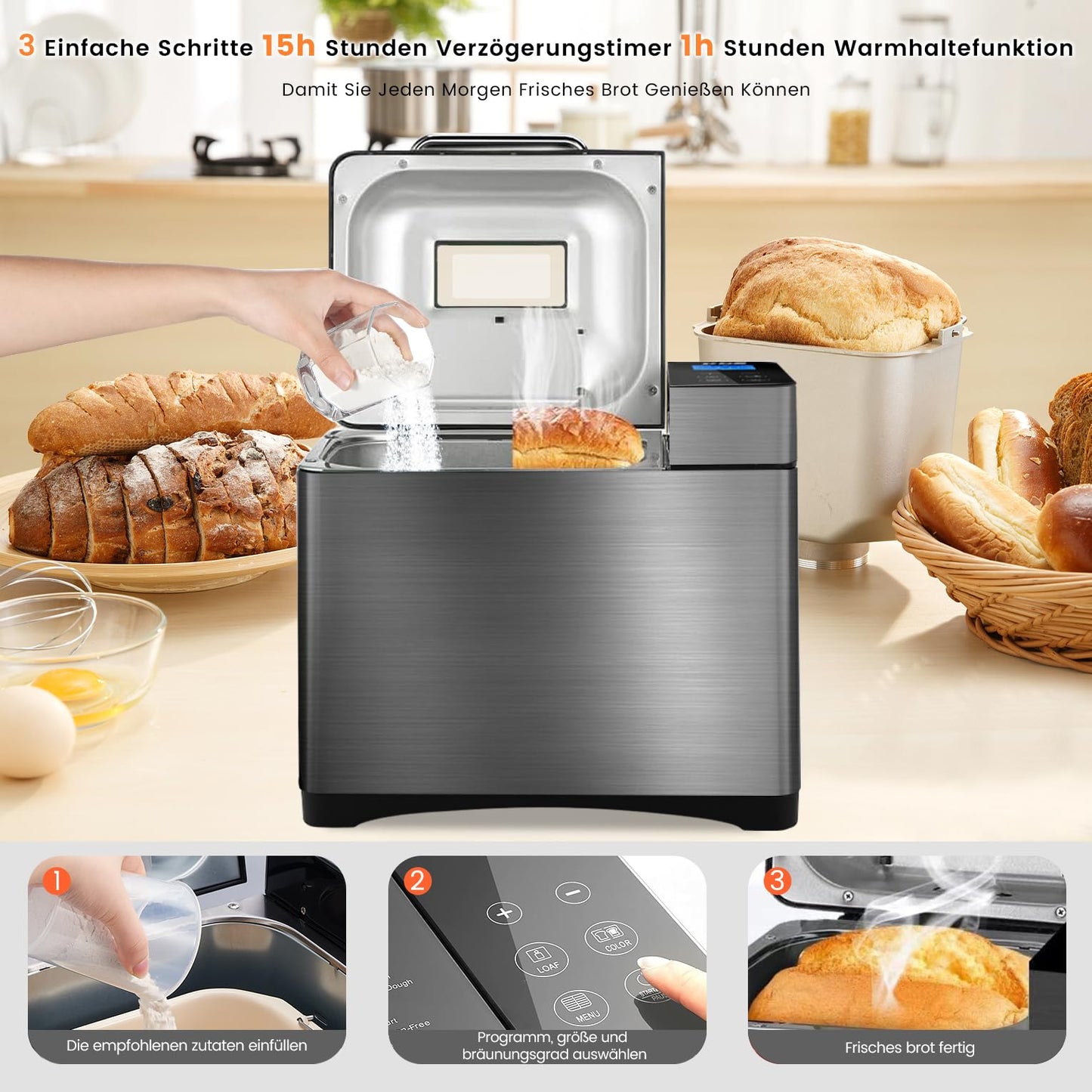 Panificadora KEEPEEZ 710 W – 1 kg, 17 en 1, Acero Inoxidable con Molde de Cerámica y Dispensador Automático de Nueces