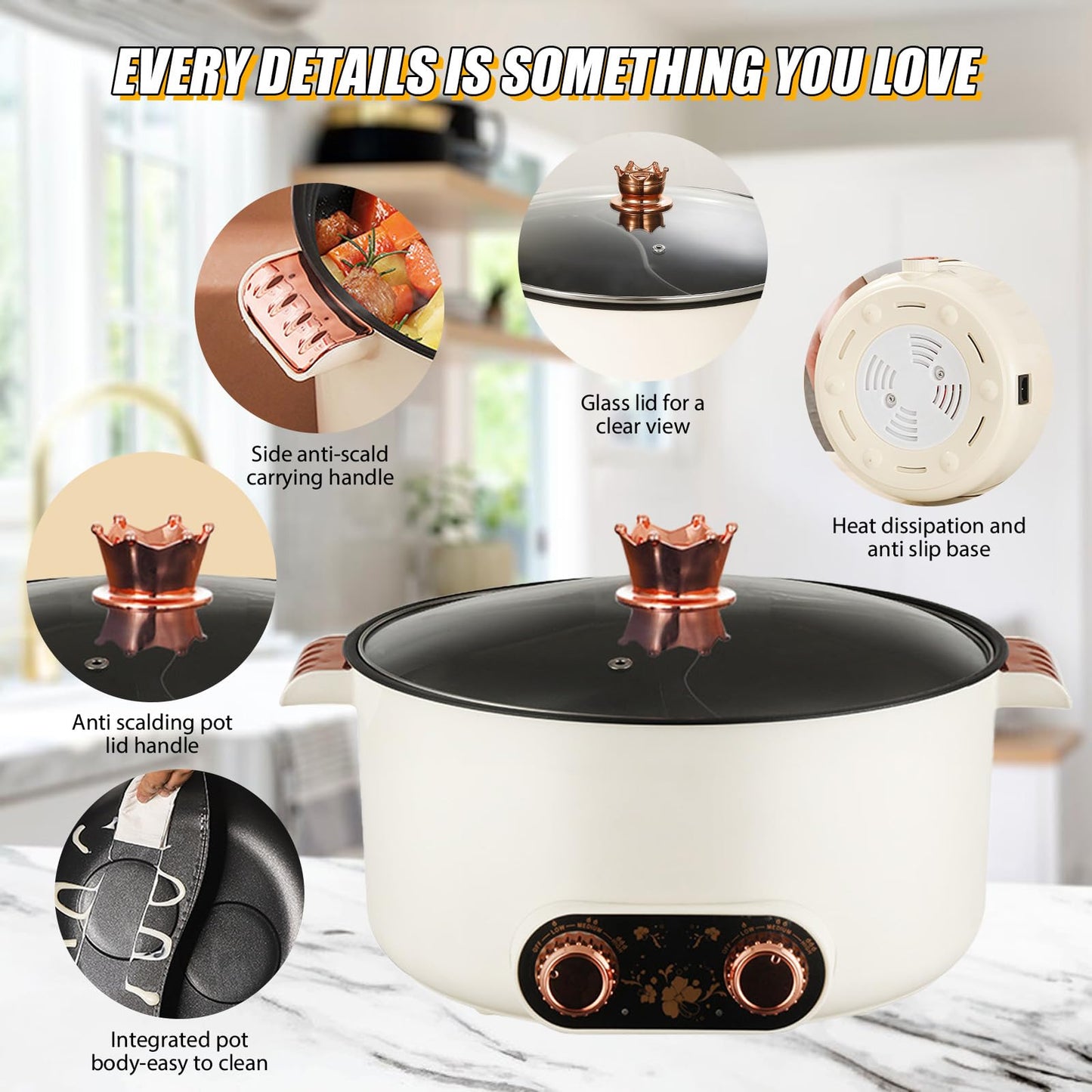 Olla Eléctrica Hot Pot – 5 L, 1350 W, 3 Niveles de Temperatura, Recubrimiento Antiadherente