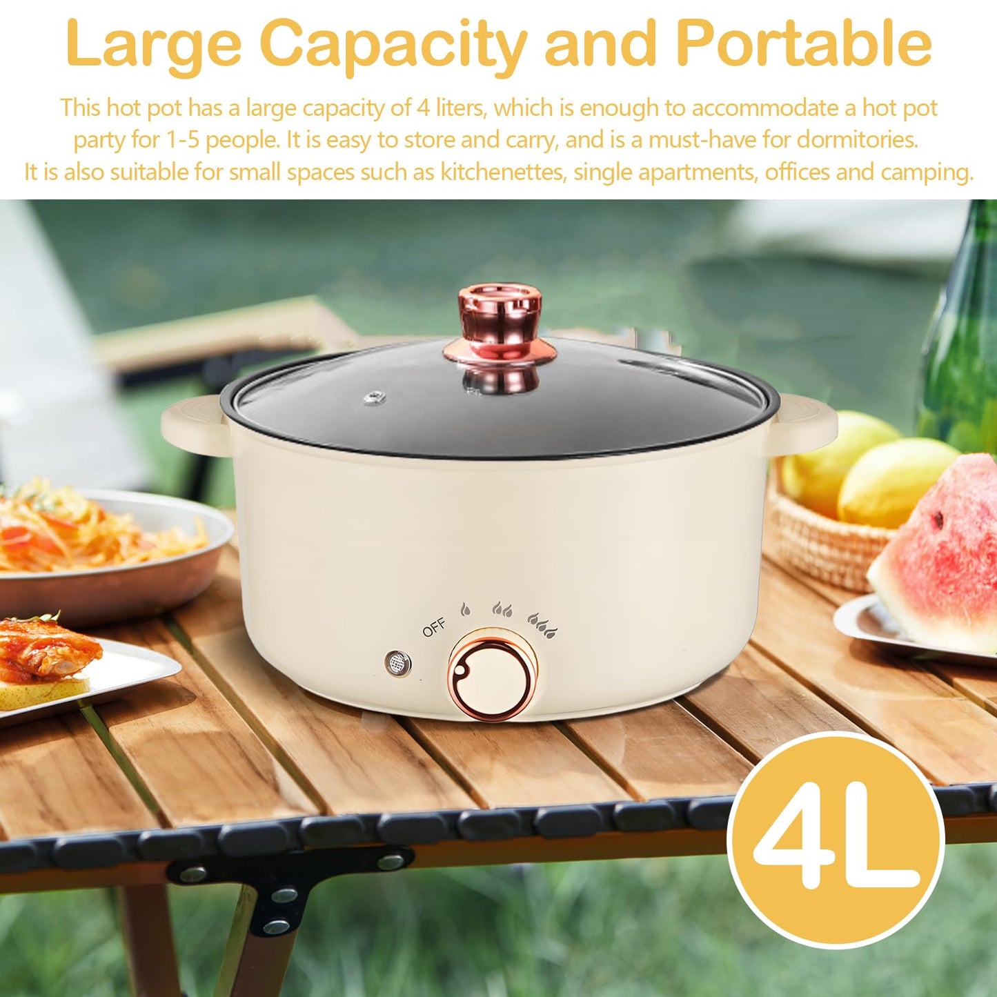 Hot Pot Eléctrico 4 L – Olla Multifuncional 1000 W con Diseño de Compartimentos, Antiadherente, 3 Niveles de Potencia para Cocinar Sopa, Fideos, Carne y Verduras