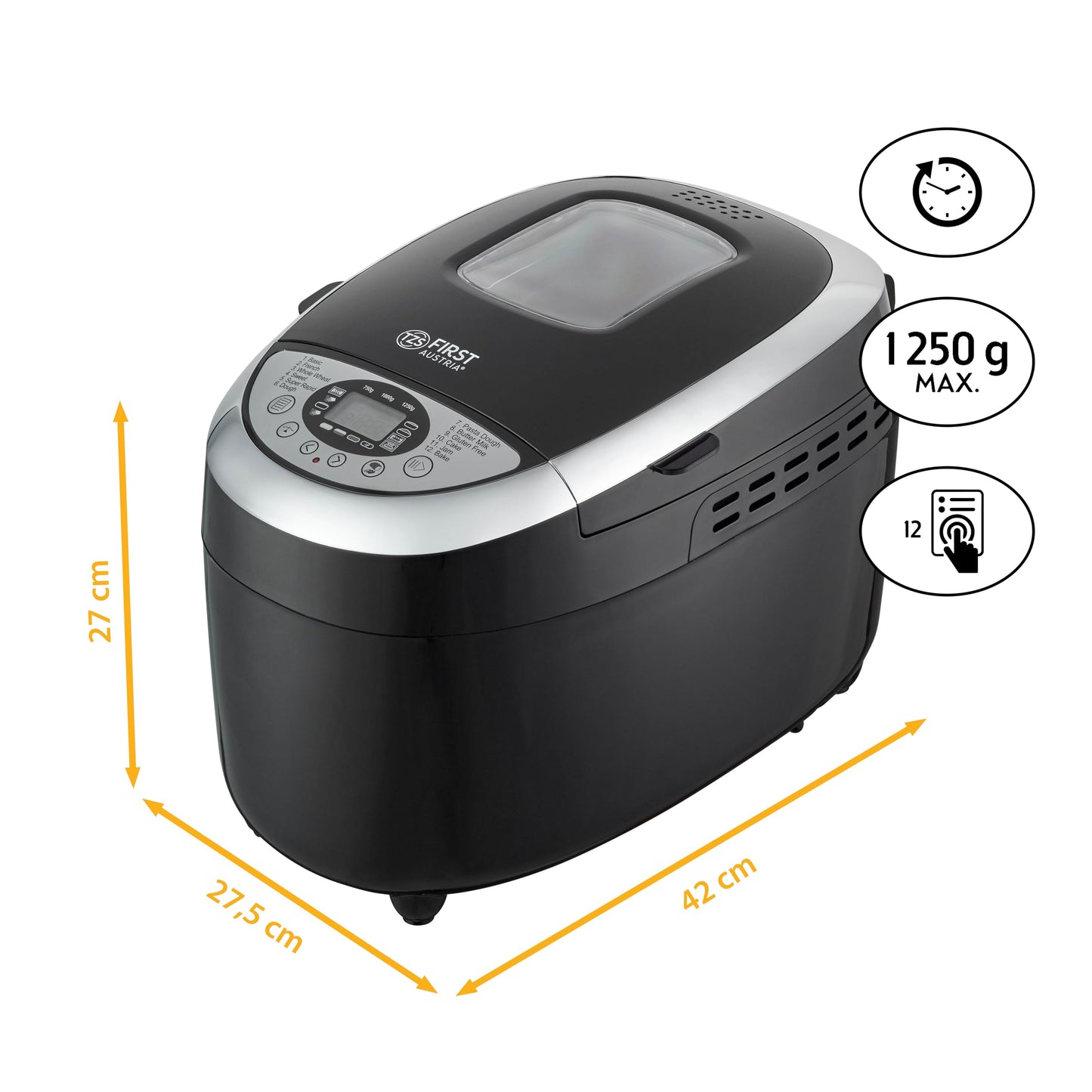 Panificadora TZS First Austria – 12 Programas Automáticos, 850 W, Capacidad 700-1250 g, Función Calienta
