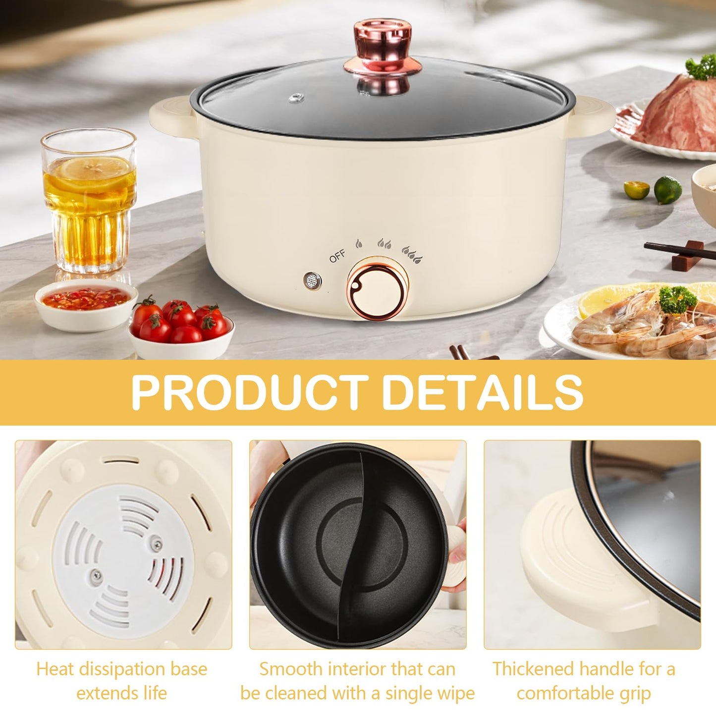 Hot Pot Eléctrico 4 L – Olla Multifuncional 1000 W con Diseño de Compartimentos, Antiadherente, 3 Niveles de Potencia para Cocinar Sopa, Fideos, Carne y Verduras