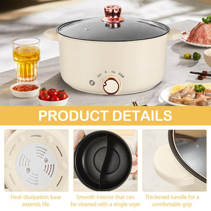 Hot Pot Eléctrico 4 L – Olla Multifuncional 1000 W con Diseño de Compartimentos, Antiadherente, 3 Niveles de Potencia para Cocinar Sopa, Fideos, Carne y Verduras