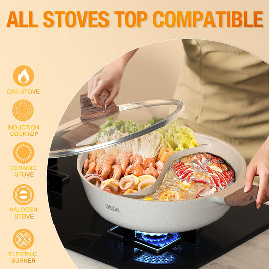 DEZIN Olla Shabu 5 QT – Hot Pot de 12" con Doble Sabor y Separador, Antiadherente por Ambos Lados, Compatible con Inducción, Gas y Quemador | Con Cucharón