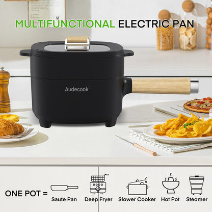Audecook Hot Pot Eléctrico con Vaporera – 2L, 20 cm, Antiadherente con Cerámica, Multicooker Portátil para Ramen, Steak, Huevos, Avena y Sopa | 350W/800W, Negro