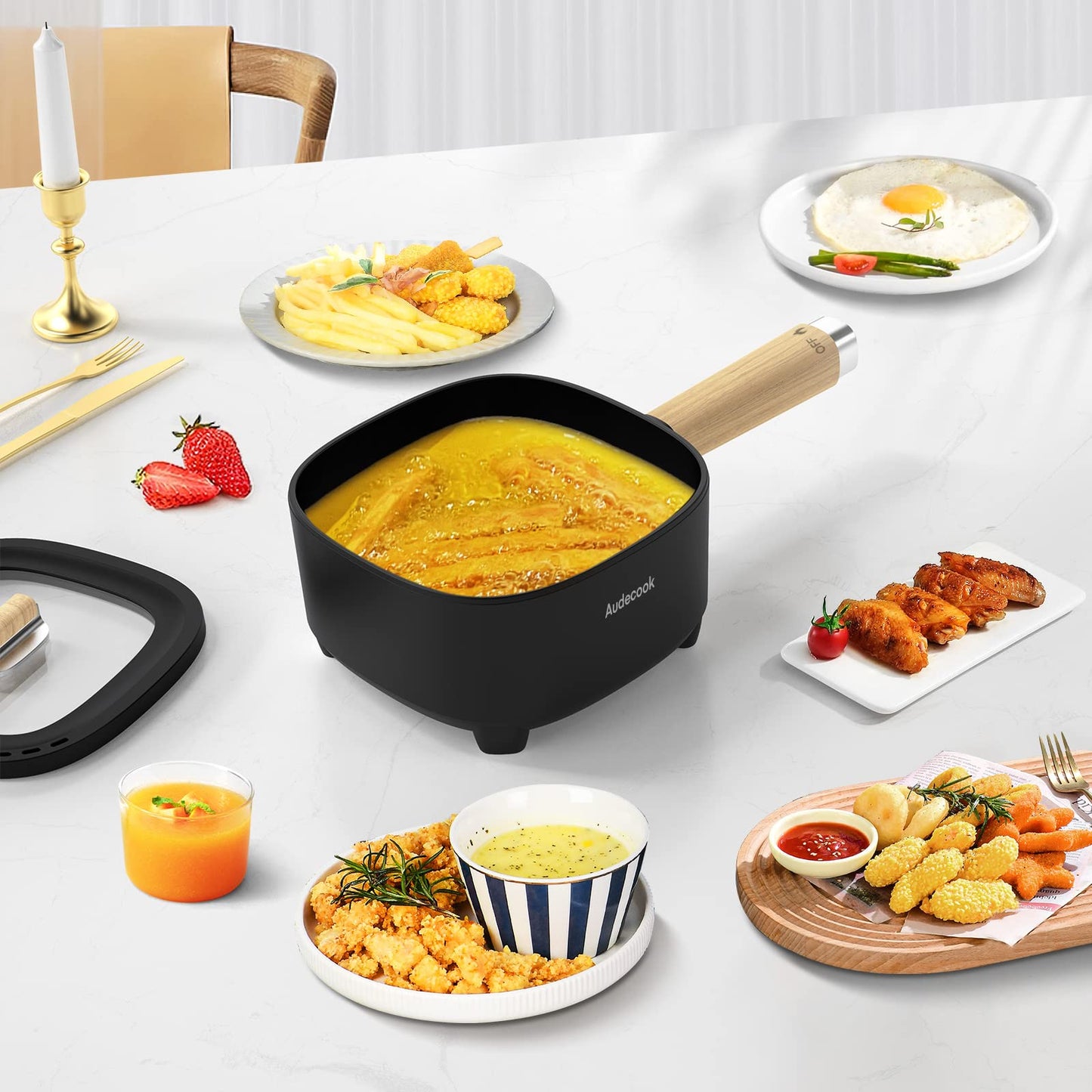 Audecook Hot Pot Eléctrico con Vaporera – 2L, 20 cm, Antiadherente con Cerámica, Multicooker Portátil para Ramen, Steak, Huevos, Avena y Sopa | 350W/800W, Negro