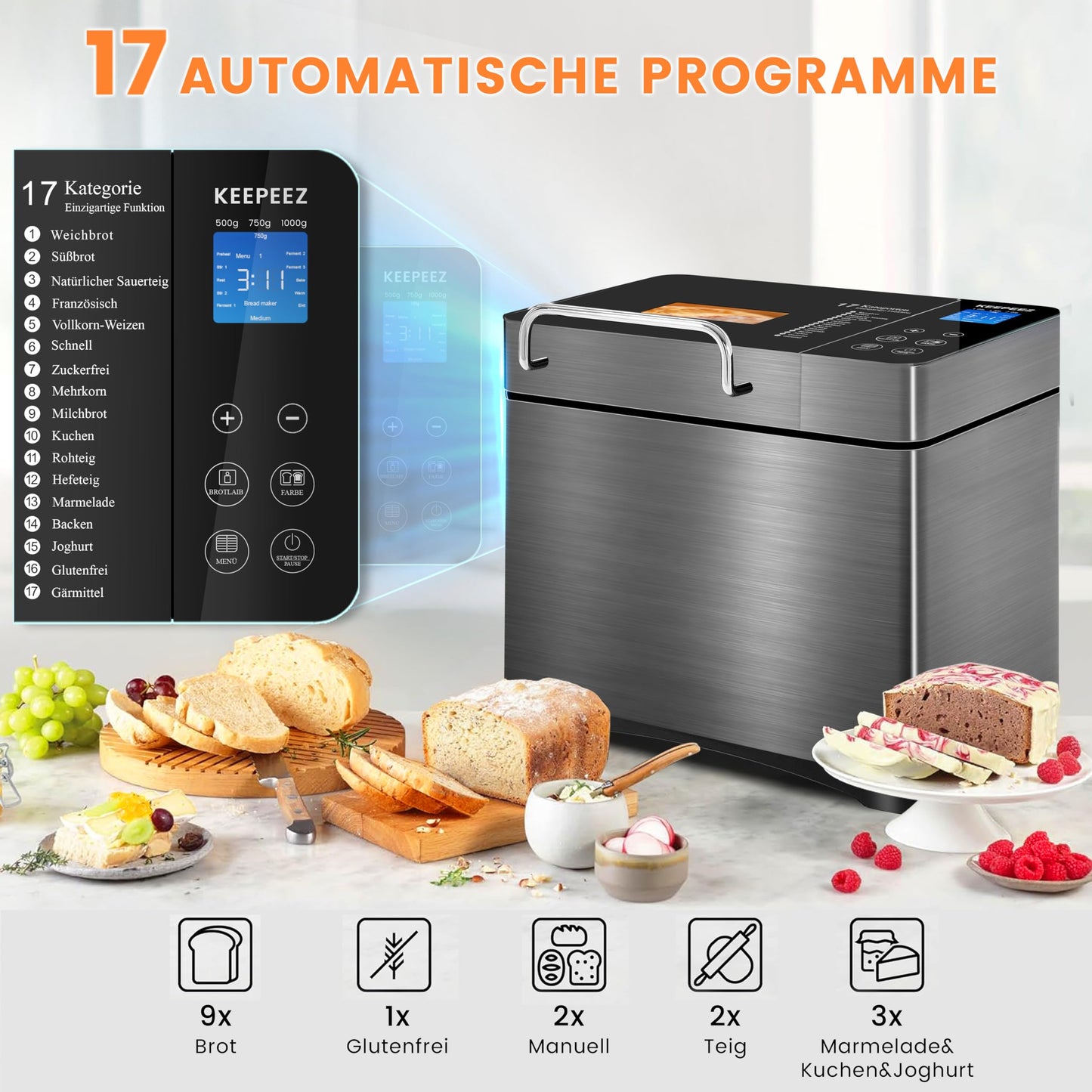 Panificadora KEEPEEZ 710 W – 1 kg, 17 en 1, Acero Inoxidable con Molde de Cerámica y Dispensador Automático de Nueces