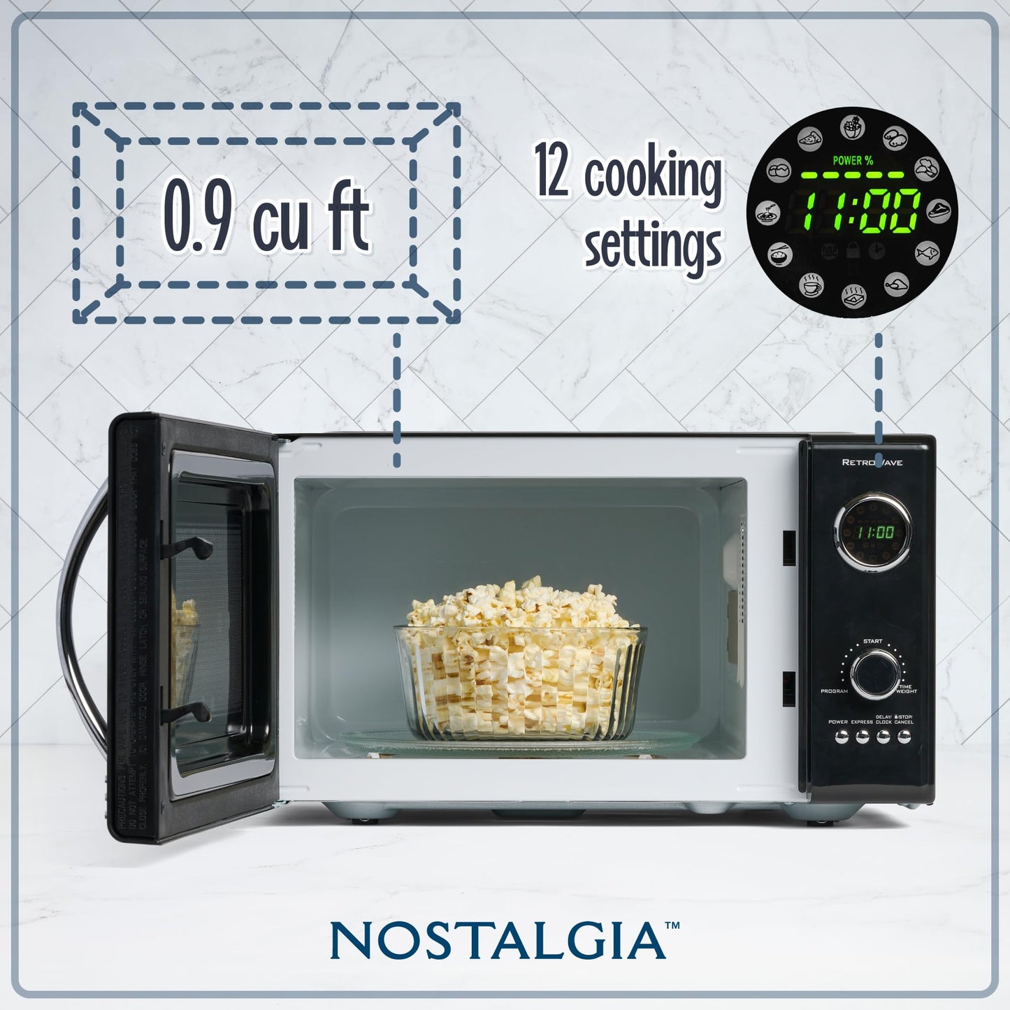 Microondas retro de 25 L con 800 W y 12 programas automáticos – Color negro