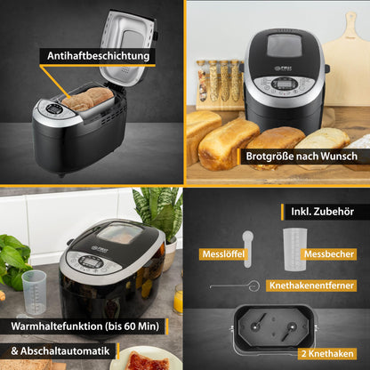 Panificadora TZS First Austria – 12 Programas Automáticos, 850 W, Capacidad 700-1250 g, Función Calienta