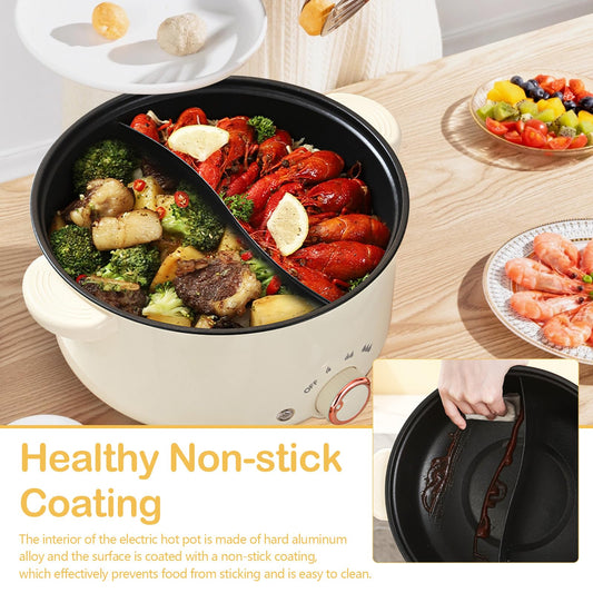 Hot Pot Eléctrico 4 L – Olla Multifuncional 1000 W con Diseño de Compartimentos, Antiadherente, 3 Niveles de Potencia para Cocinar Sopa, Fideos, Carne y Verduras
