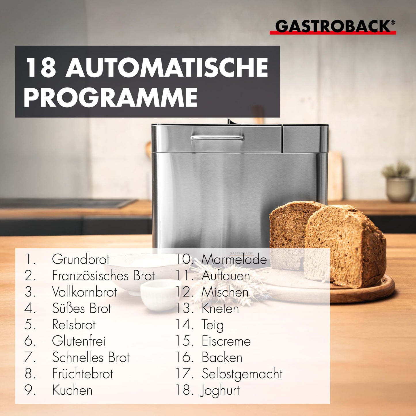 Panificadora Gastroback Advance – 18 Programas, Función Yogur, Acero Inoxidable