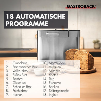 Panificadora Gastroback Advance – 18 Programas, Función Yogur, Acero Inoxidable