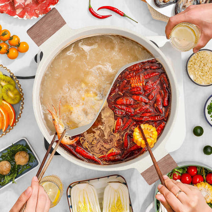 DEZIN Olla Shabu 5 QT – Hot Pot de 12" con Doble Sabor y Separador, Antiadherente por Ambos Lados, Compatible con Inducción, Gas y Quemador | Con Cucharón