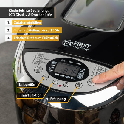 Panificadora TZS First Austria – 12 Programas Automáticos, 850 W, Capacidad 700-1250 g, Función Calienta
