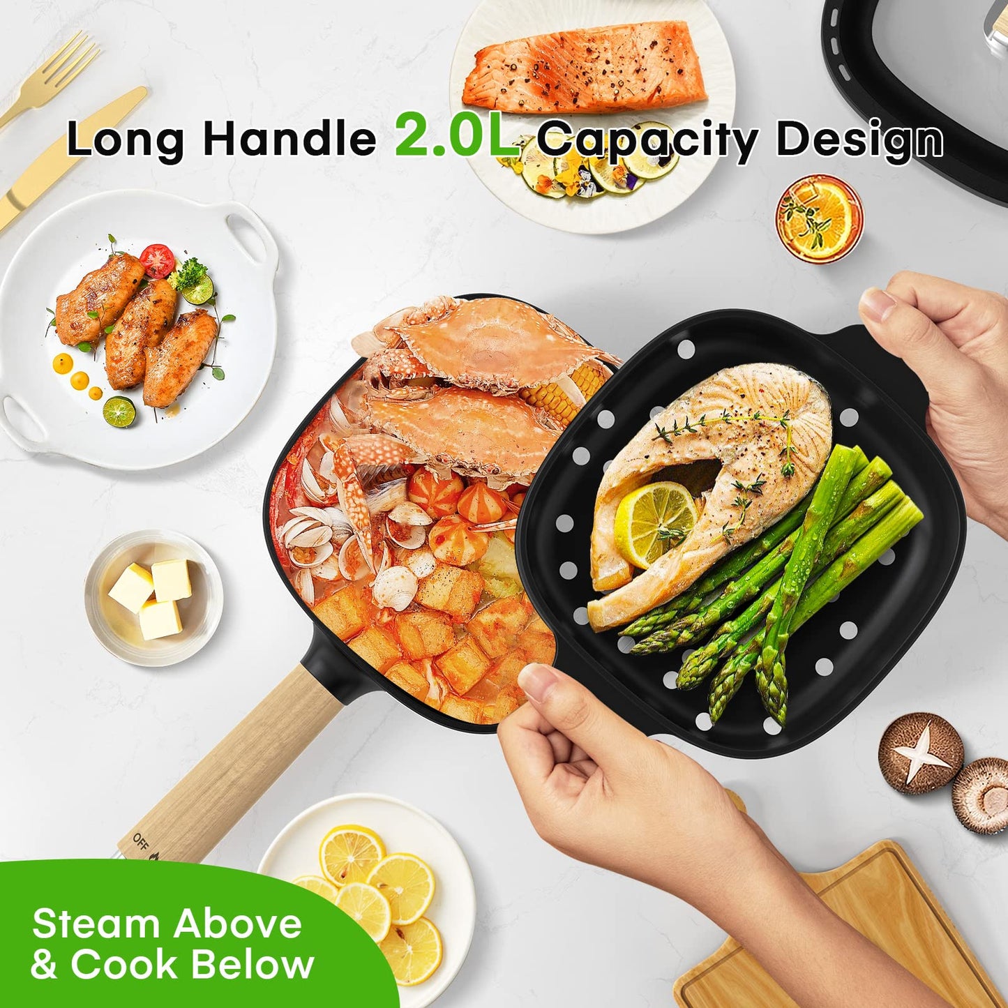 Audecook Hot Pot Eléctrico con Vaporera – 2L, 20 cm, Antiadherente con Cerámica, Multicooker Portátil para Ramen, Steak, Huevos, Avena y Sopa | 350W/800W, Negro