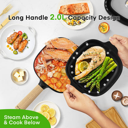 Audecook Hot Pot Eléctrico con Vaporera – 2L, 20 cm, Antiadherente con Cerámica, Multicooker Portátil para Ramen, Steak, Huevos, Avena y Sopa | 350W/800W, Negro
