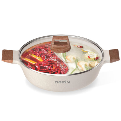 DEZIN Olla Shabu 5 QT – Hot Pot de 12" con Doble Sabor y Separador, Antiadherente por Ambos Lados, Compatible con Inducción, Gas y Quemador | Con Cucharón
