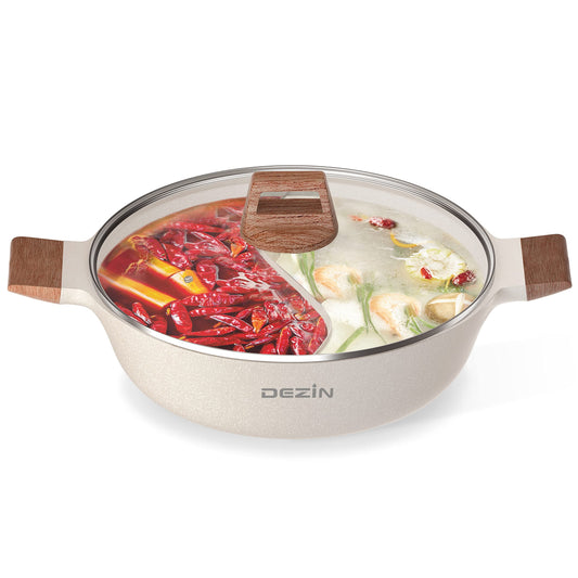 DEZIN Olla Shabu 5 QT – Hot Pot de 12" con Doble Sabor y Separador, Antiadherente por Ambos Lados, Compatible con Inducción, Gas y Quemador | Con Cucharón