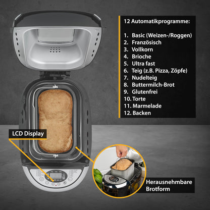 Panificadora TZS First Austria – 12 Programas Automáticos, 850 W, Capacidad 700-1250 g, Función Calienta