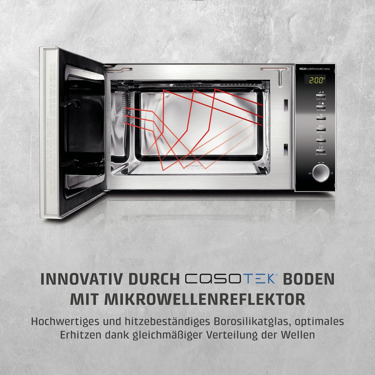 Horno Microondas 2 en 1 CASO MG20 con Función Grill – 20 L, 900 W, Acero Inoxidable, Base Cerámica