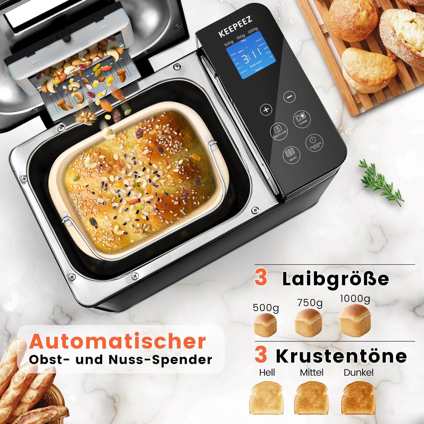 Panificadora KEEPEEZ 710 W – 1 kg, 17 en 1, Acero Inoxidable con Molde de Cerámica y Dispensador Automático de Nueces