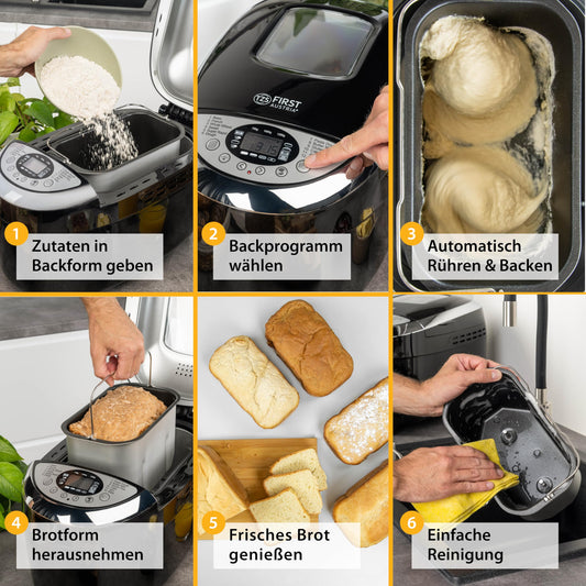 Panificadora TZS First Austria – 12 Programas Automáticos, 850 W, Capacidad 700-1250 g, Función Calienta